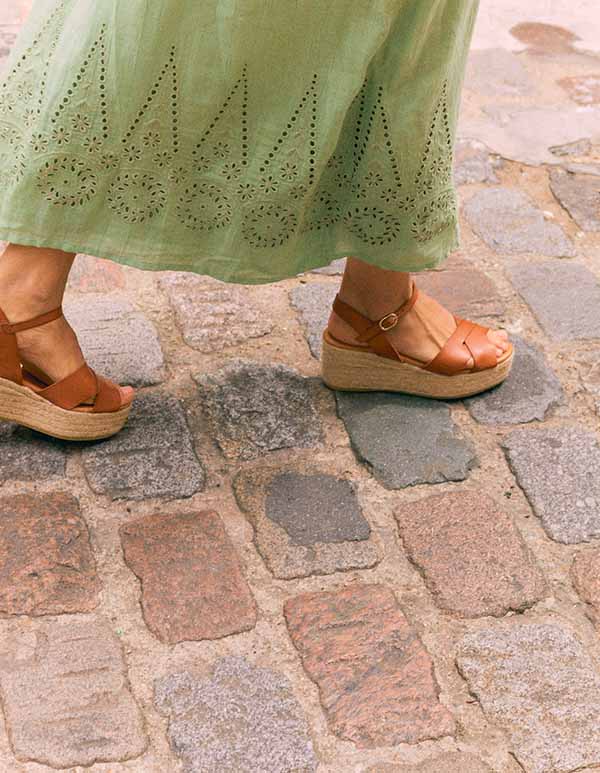 Women's brown leather espadrille wedges with ankle straps